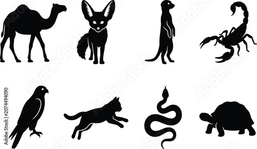Tableau sur toile Vector collection of desert animal black silhouettes including camel, fennec fox