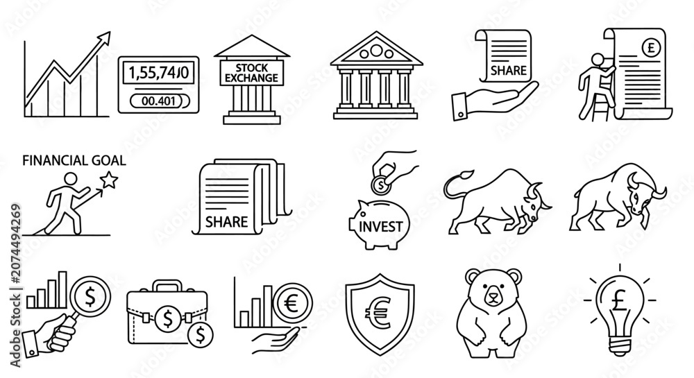 Fototapeta premium A collection of black and white financial icons representing market growth and investment