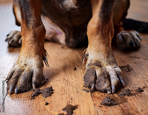 the dog s paws are dirty with mud on the floor of the house