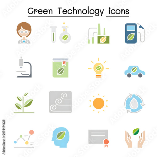 Green Technology Flat Icons Set with Eco Energy, Renewable Power and Sustainability Symbols