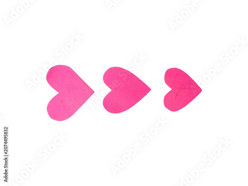Three pink paper hearts arranged in a row for valentine day isolated on transparent background