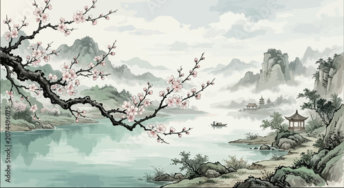 Floral ornament with mountains and water, traditional chinese ink-wash painting style.