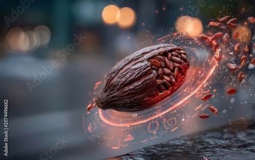 Glowing Cocoa Pod with Beans on Urban Surface at Dusk in a Magical Atmosphere
