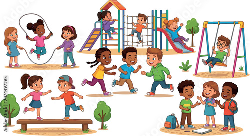 Canvastavla Multiethnic Kids Playing on Playground Equipment Vector Set Featuring School Chi