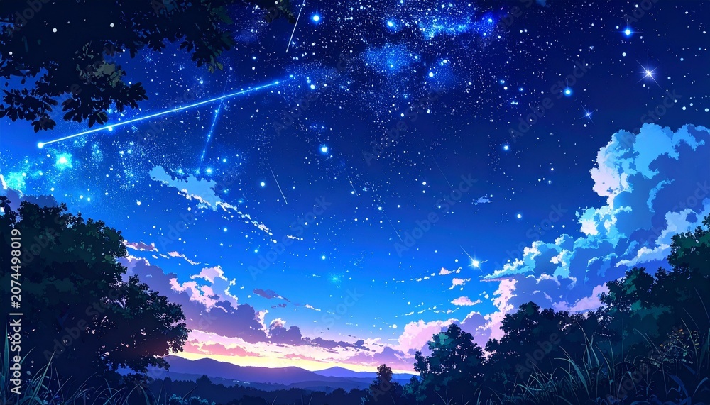 Fototapeta premium Anime Style Milky Way and Starry Twilight Sky Fantasy Landscape Illustration
