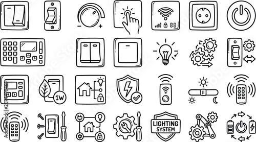 Photos Light Switch and Smart Lighting Control Outline Icons Set Featuring Hand Drawn D