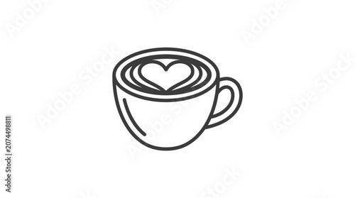 A simple black and white line art illustration of a coffee cup with heart latte art.