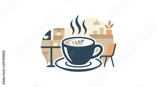 A steaming dark blue coffee cup resting on a matching saucer.
