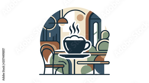 A stylized illustration of a steaming cup of coffee on a table.