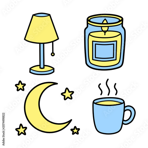 set of four Bedtime and Sleep Essentials including bedside lamp scented candle crescent moon and mug of tea vector