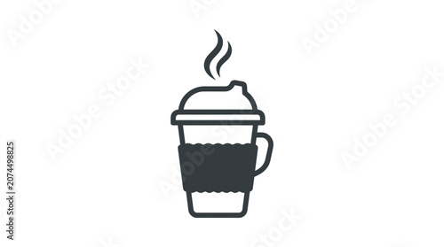 Minimalist line art icon of a steaming takeaway coffee cup.