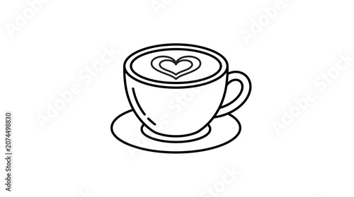 A simple black and white line art illustration of a coffee cup with heart latte art.