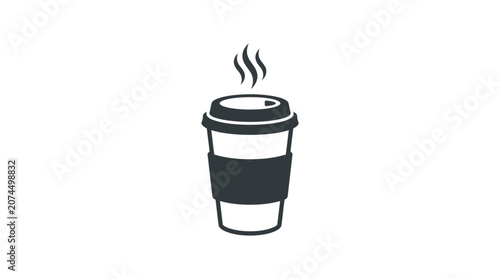 A simple black and white vector illustration of a steaming takeaway coffee cup.
