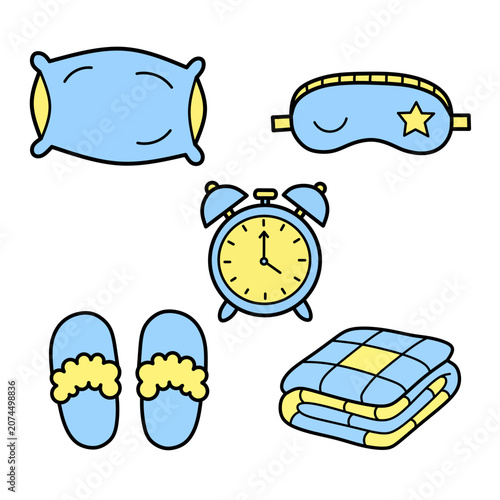 set of five Bedtime and Sleep Essentials including fluffy pillow eye mask alarm clock slippers and folded blanket vector