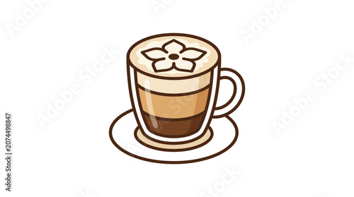 A stylized illustration of a layered coffee drink in a glass cup with latte art.