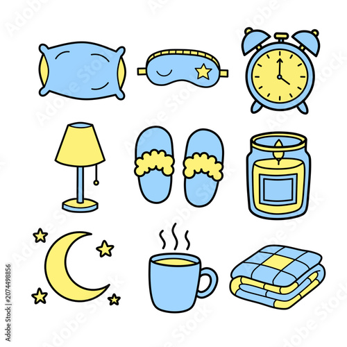 colorful Bedtime and Sleep Essentials illustration set natural calming relaxation bundle hand drawn vector
