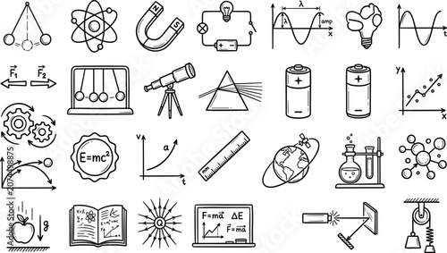 Fotografie Physics Education and Laboratory Science Outline Icons Set Featuring Hand Drawn