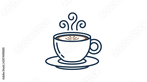 A simple line art illustration of a steaming cup of coffee on a saucer.