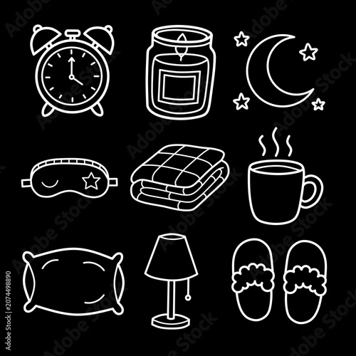 inverted Bedtime and Sleep Essentials line art white outline relaxation illustrations on dark background minimalist vector set