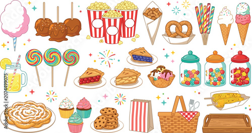 Schilderij op canvas Amusement Park Carnival and Fair Food Element Set with Cotton Candy Popcorn Cand