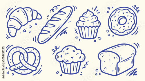 Quadro su tela Assorted baked goods doodle illustrations in simple blue line art on a cream bac