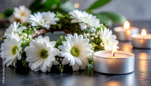 Elegant white daisies in rustic ceramic vase on wooden table.