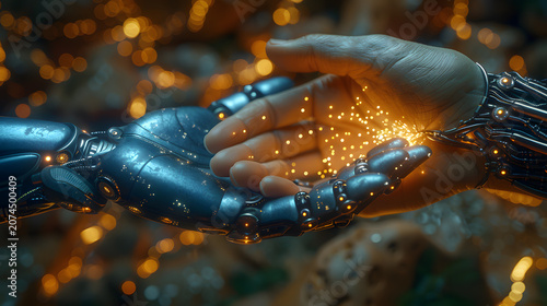 Conceptual Digital Artwork of Human Touching Robotic Hand, Glowing Sparks, Symbolizing Technology Integration and Future Connection
