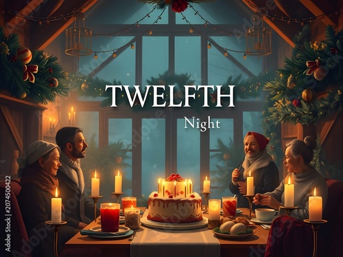 Warm Twelfth Night Celebration Scene with Festive Candlelit Gathering and Seasonal Food