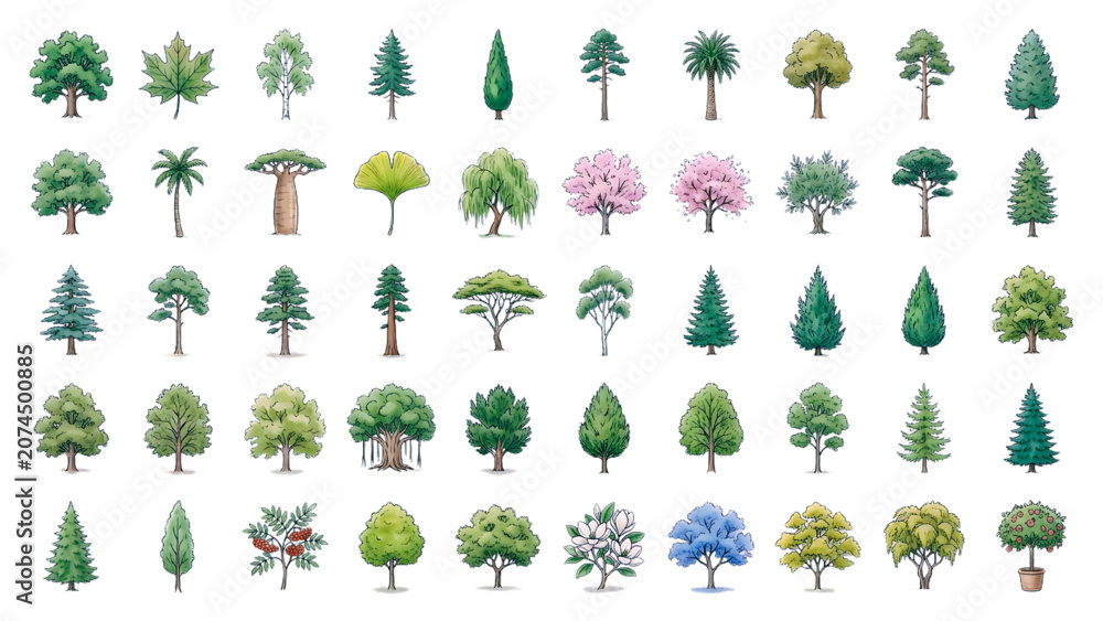 Fototapeta premium Botanical Tree Illustration Pack for Ecology Education, Nature Mapping and Garden Design Watercolor Vector Icons