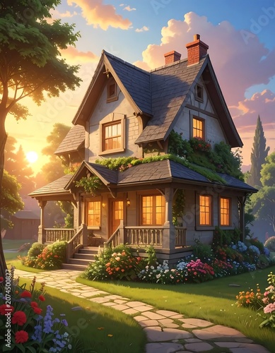Charming Storybook Cottage Glowing at Sunset in Lush Flower Garden