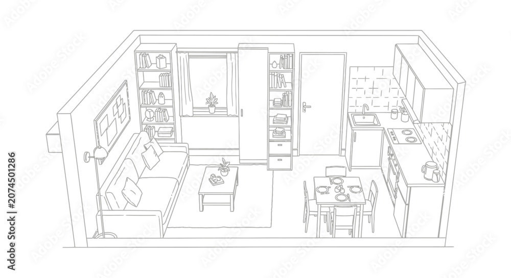 Fototapeta premium Isometric line drawing of a modern studio apartment layout. Small living space with kitchen, dining area, and furniture plan illustration.