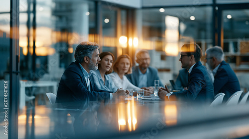 Cross-functional team meeting inside a modern glass boardroom, photographed from outside through a transparent wall with gentle reflections and soft light halos, six business peopl