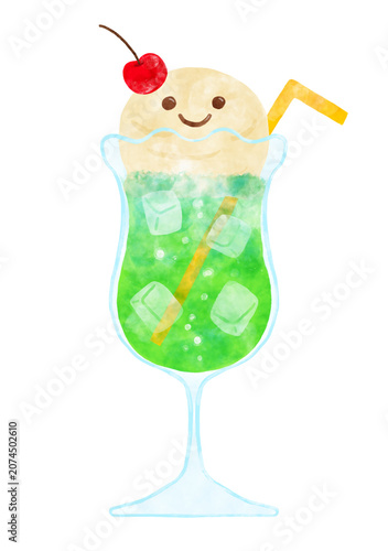 水彩風 にっこり顔のクリームソーダ ストロー付き イラスト / Watercolor Cute Smiling Cream Soda with Straw