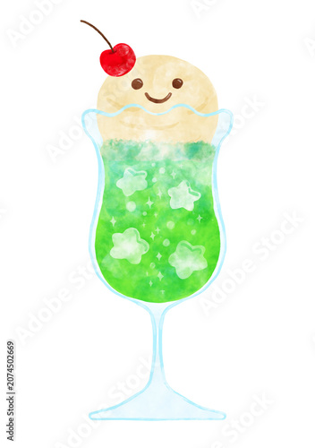 水彩風 にっこり顔のクリームソーダ 星型氷入り イラスト / Watercolor Cute Smiling Cream Soda with Star Ice Cubes