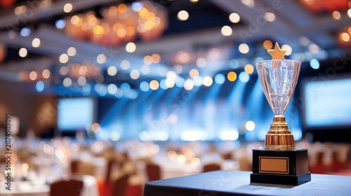 Elegant Award Trophy on Table at Gala Ceremony with Blurred Background
