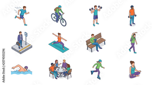 Dynamic Illustrated Guide to Diverse Physical Activities and Lifestyle Scenes with Colorful Characters