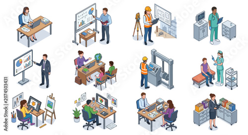 Industrial and Professional Occupations Illustrated Diverse Workplace Scenes with Digital Tools and Specialized Equipment