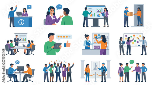Corporate Customer Support Sales and Team Collaboration Illustrated with Diverse Scenes and Characters