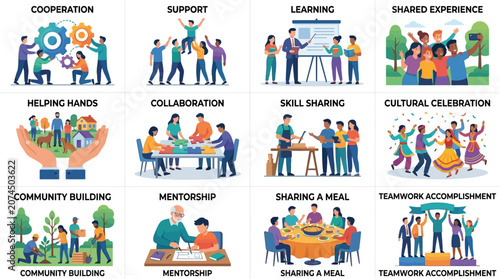 Minimalist Colorful Illustrations Showcasing Community Cooperation Support Learning and Celebration Concepts