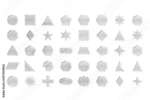 Foto Glossy silver 3D geometric shapes collection, metallic premium button set with bevel effect