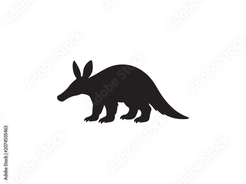 Black silhouette of an aardvark standing isolated on white background with aardvark