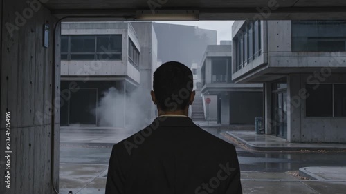 Rear View of Businessman Contemplating Future and Facing Corporate Challenges in a Brutalist Urban Landscape.