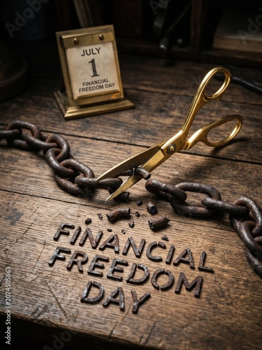 Rusted Iron Chain Snipped by Gold Scissors Forming Financial Freedom Day with July 1 Brass Calendar on Wooden Desk

