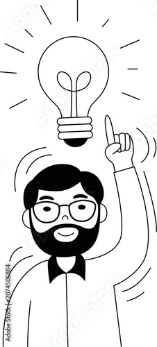 Man Pointing at Glowing Light Bulb Idea Concept Linear Black and White Illustration