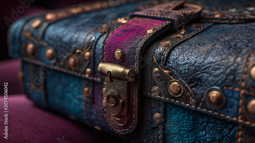 Close-up of textured leather vintage bag with metal buckle and colorful fabric strap detail