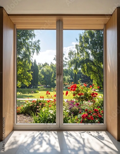 Bright Colorful Garden Blooming Outside Large Modern Window