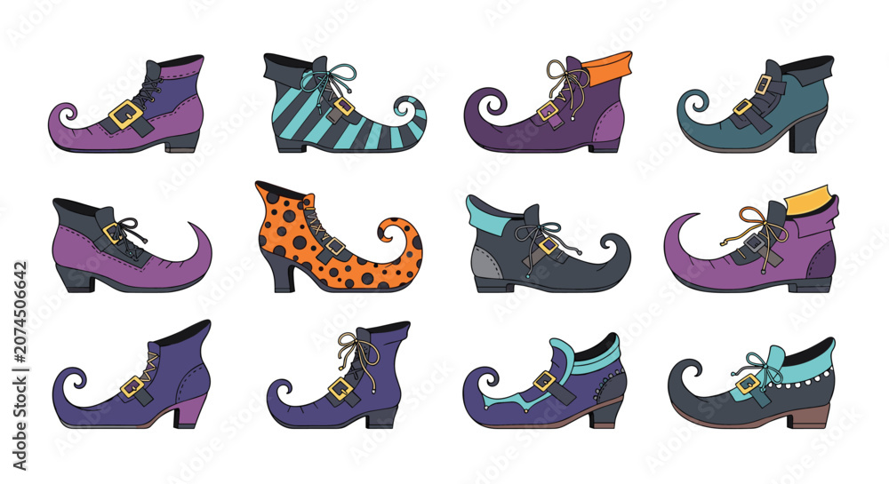 Obraz premium Collection of colorful witch boots and elf shoes with curly toes and various patterns for Halloween celebration.