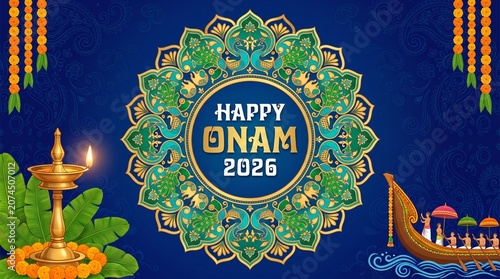 Onam festival elegant poster with mandala snake boat diya lamp and floral frame
