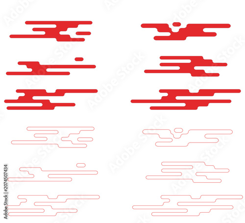 Traditional Japanese Red Clouds Set with Outline and Solid Vector Shapes. A comprehensive set of traditional Japanese red clouds featuring both solid shapes and matching outline line art.