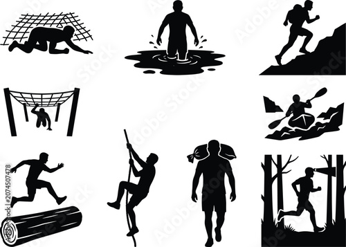Collection of extreme obstacle course race silhouettes featuring athletes running climbing and training vectors set